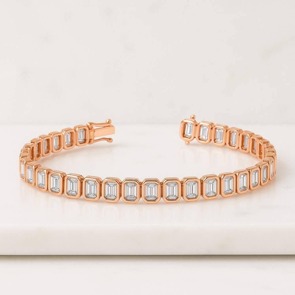 Solid 14K White Gold, Emerald Cut Diamond Tennis Bracelet Lab Created Diamond Eco Friendly Diamond