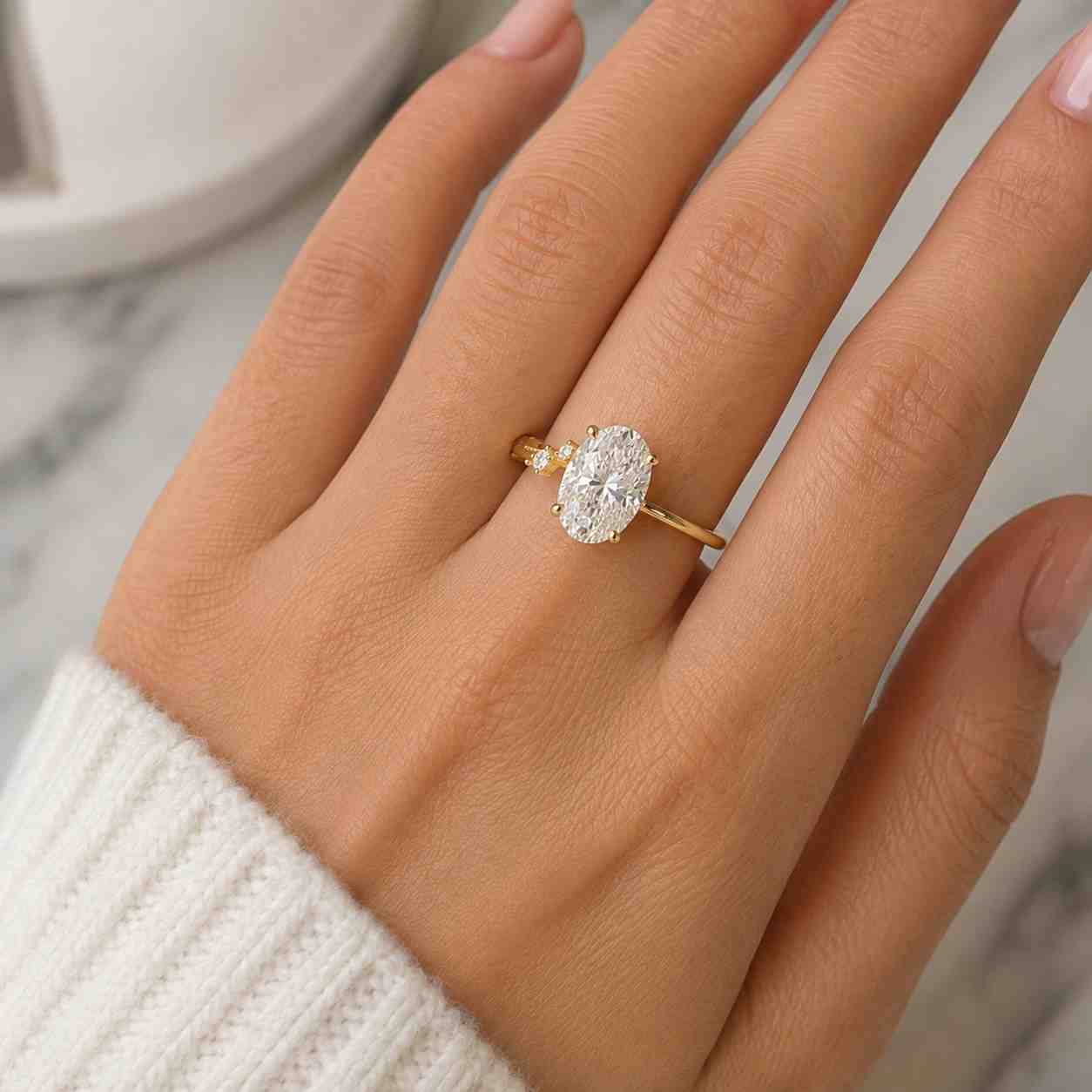Solid Gold 4mm Width Oval Cut Moissanite Engagement Pave Ring, Anniversary Gift for Women