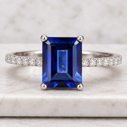 Solid Gold 6x8mm Emerald Cut 2.00CT Sapphire Engagement Women's Daily Ring Anniversary Gift
