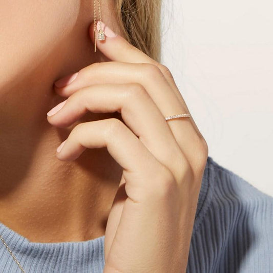 Solid Gold Bezel CZ Dot Ring Dainty Beaded Stacking Ring Women Minimalist Cubic Zirconia Eternity Wedding Band Jewelry with Karat Options