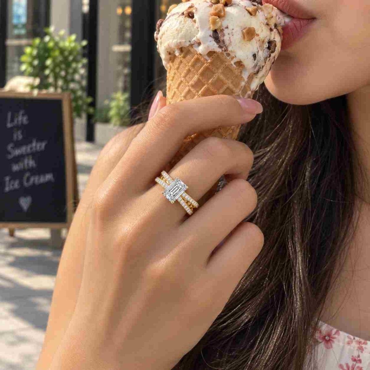 Solid Gold Bezel Emerald Cut Moissanite Engagement Ring
