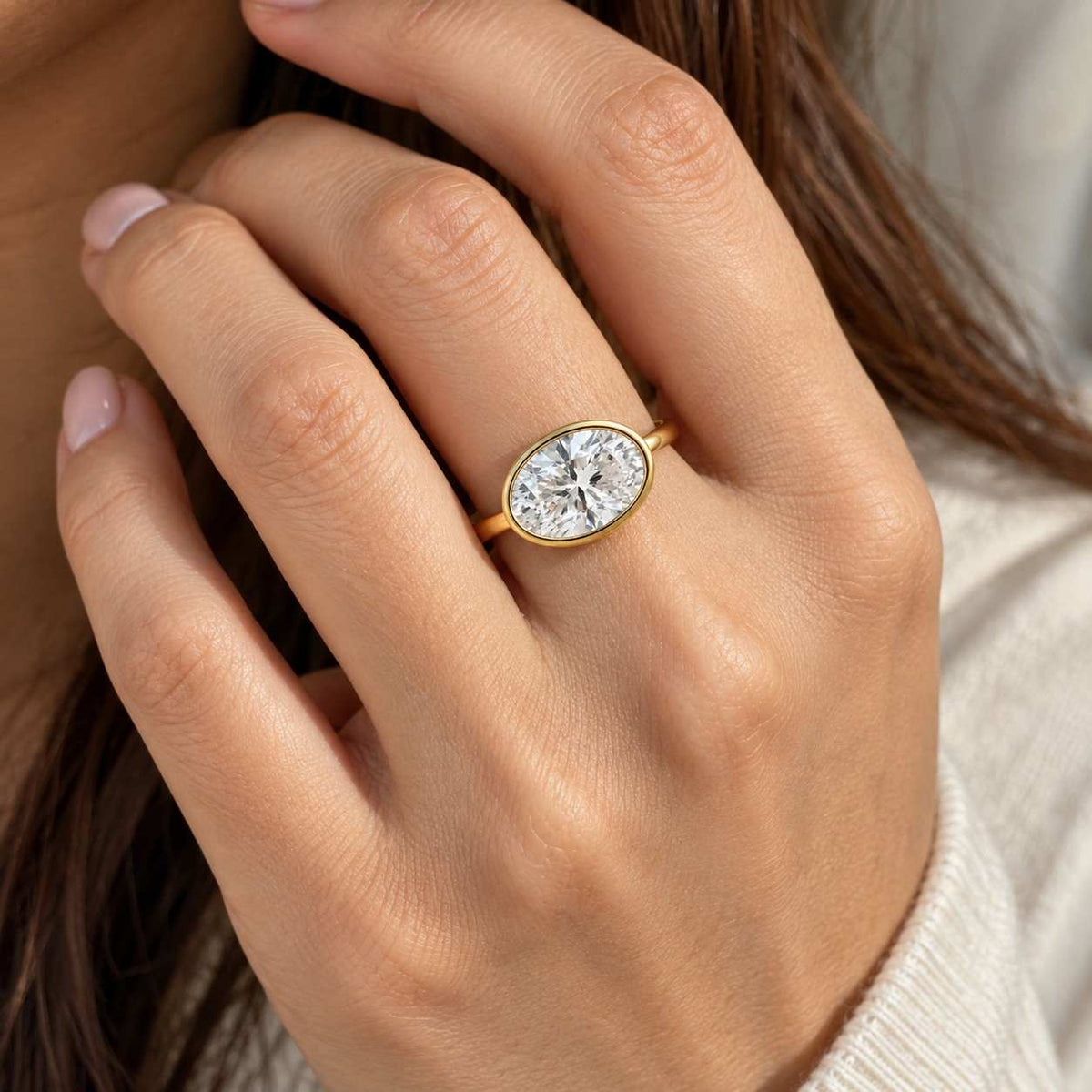 Solid Gold Bezel Rose Cut Oval Moissanite Engagement Ring, Anniversary Gift for Women