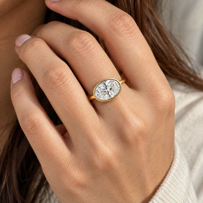 Solid Gold Bezel Rose Cut Oval Moissanite Engagement Ring, Anniversary Gift for Women