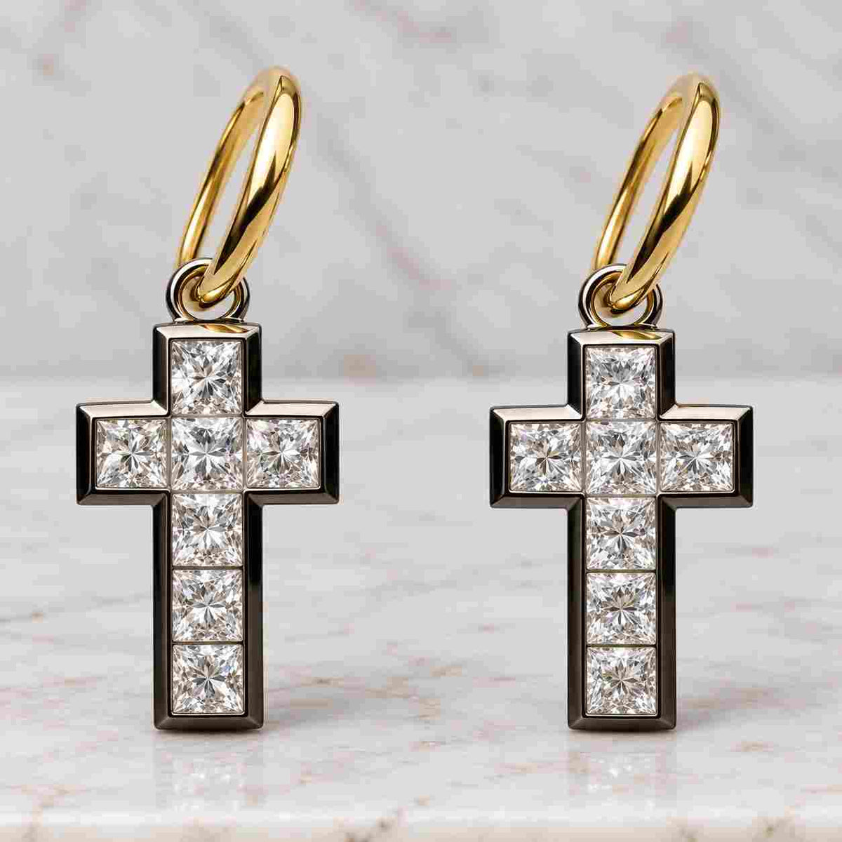 Solid Gold Diamond Cross Huggies, Dangly Cross Earrings, 14k or 18k Gold Earrings, Yellow, Rose, White Gold, Small Religious Cross, Felicity

