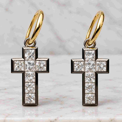 Solid Gold Diamond Cross Huggies, Dangly Cross Earrings, 14k or 18k Gold Earrings, Yellow, Rose, White Gold, Small Religious Cross, Felicity

