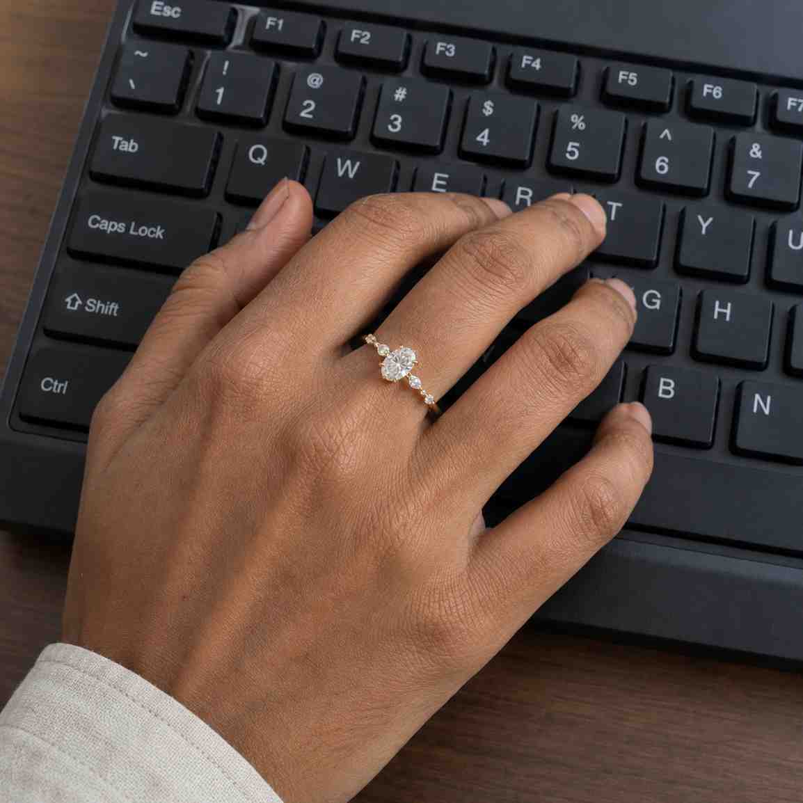 solid gold double hidden halo oval cut moissanite engagement ring set, half eternity wedding band