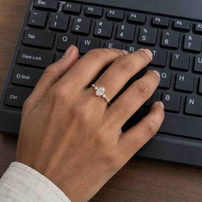Solid Gold Double Hidden Halo Oval Cut Moissanite Engagement Ring Set, Half Eternity Wedding Band