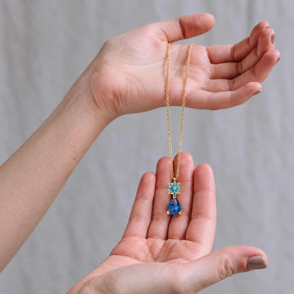 Solid Gold Emerald Cut Blue Topaz & Pear Cut Ruby Pendant Necklace, Toi Et Moi Chain Necklace, Personalized Gift
