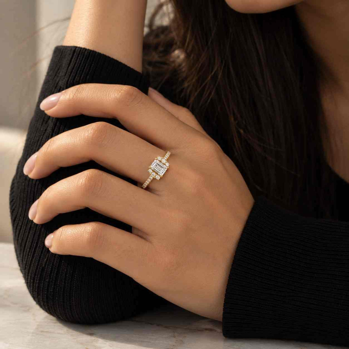 Solid Gold Emerald Cut Moissanite Engagement Ring, East to West Ring