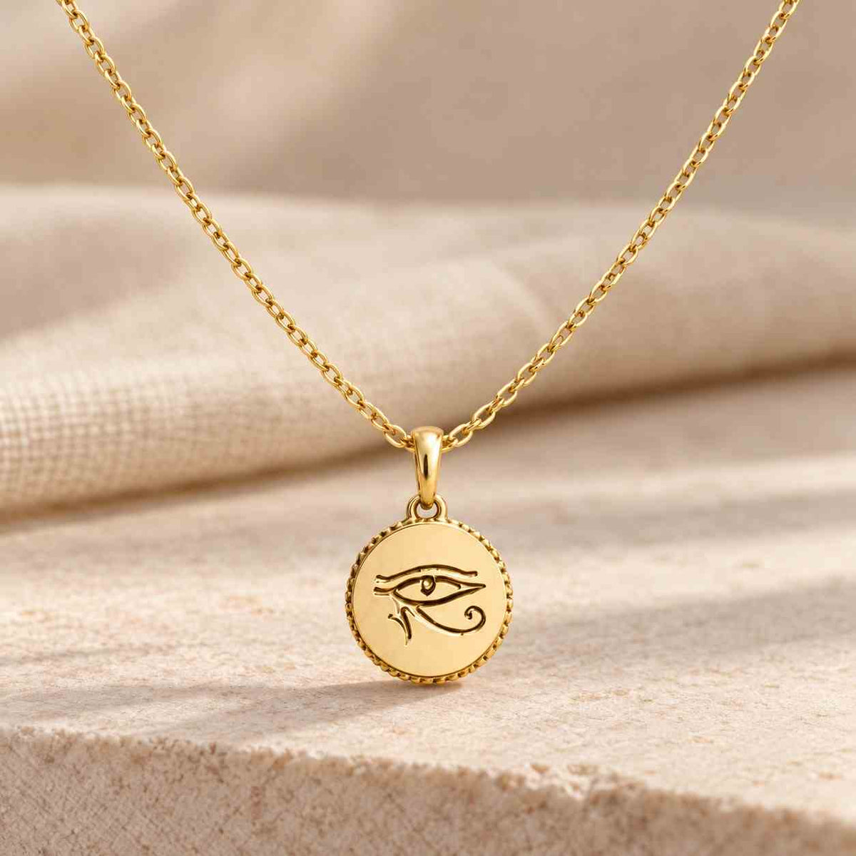 14k solid gold eye of horus necklace, round wadjet charm, custom engraved egyptian pendant, dainty evil eye amulet
