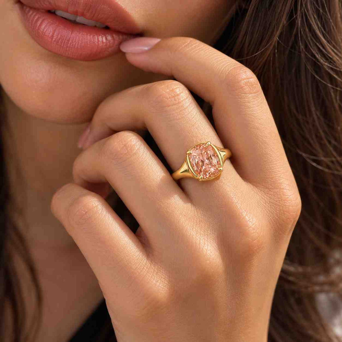 Solid Gold Floating Hidden Halo Elongated Cushion Champagne Moissanite Engagement Ring