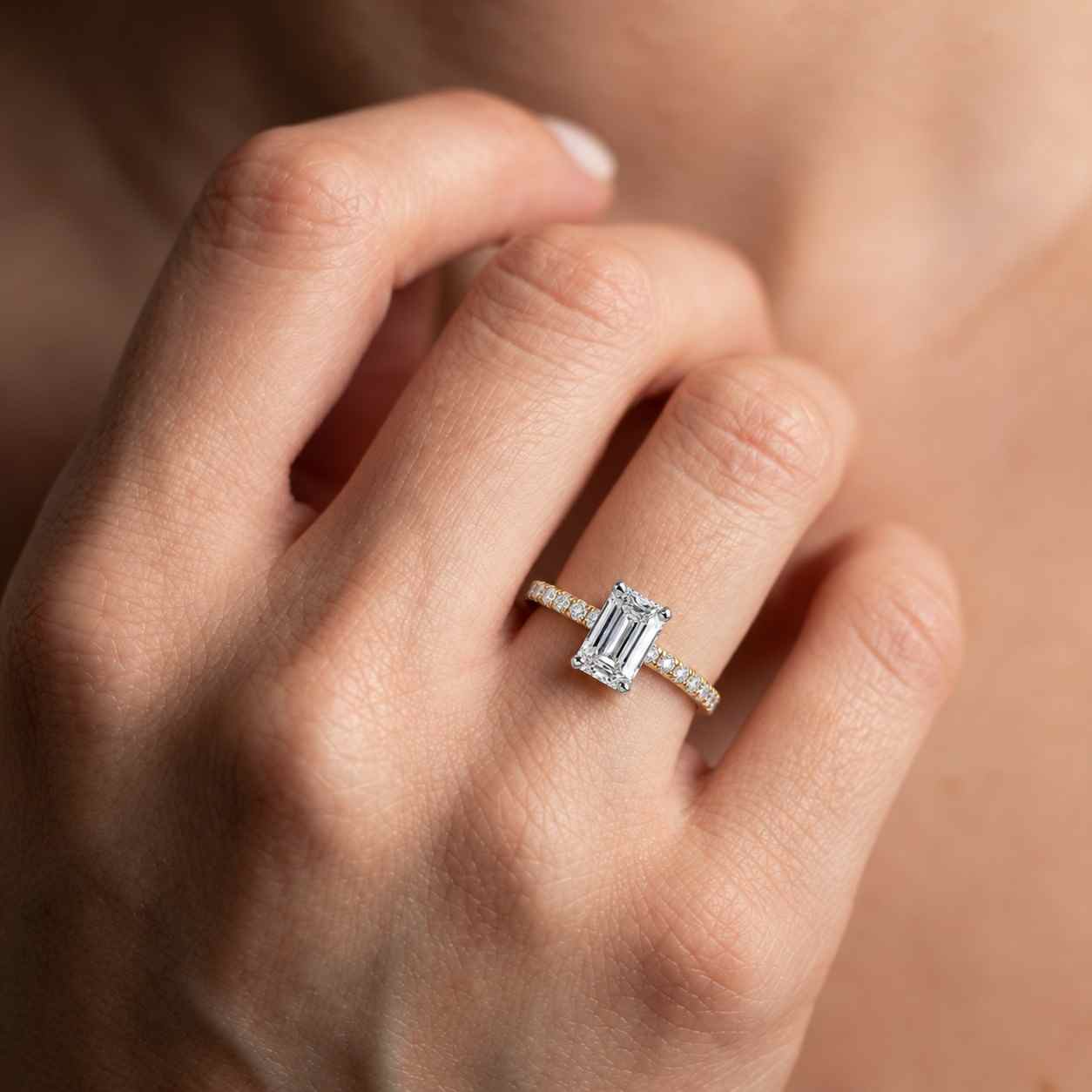 solid gold half pave emerald cut moissanite wedding band, anniversary ring
