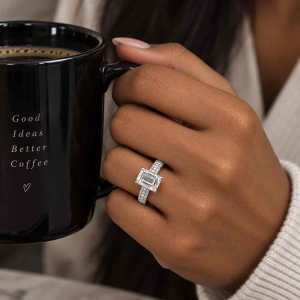 Solid Gold  Halo Pave Half Eternity Emerald Cut Moissanite Engagement Ring, Anniversary Ring