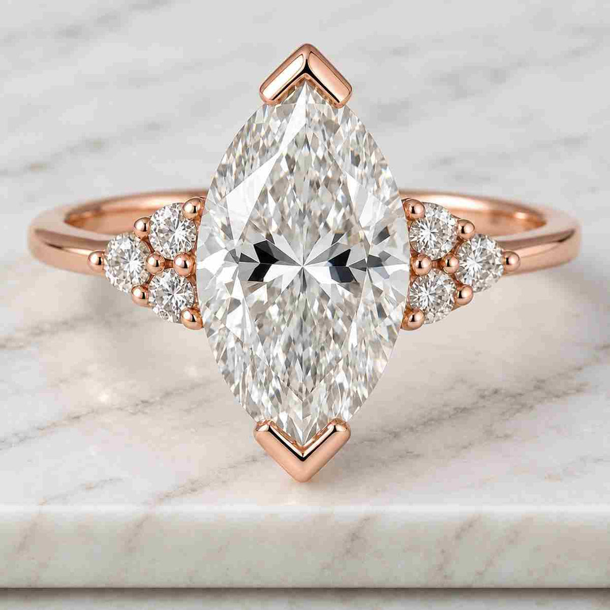 Solid Gold Hidden Halo Marquise Cut Moissanite Engagement Ring Paved Prongs, Bridge Halo Ring