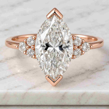 Solid Gold Hidden Halo Marquise Cut Moissanite Engagement Ring Paved Prongs, Bridge Halo Ring