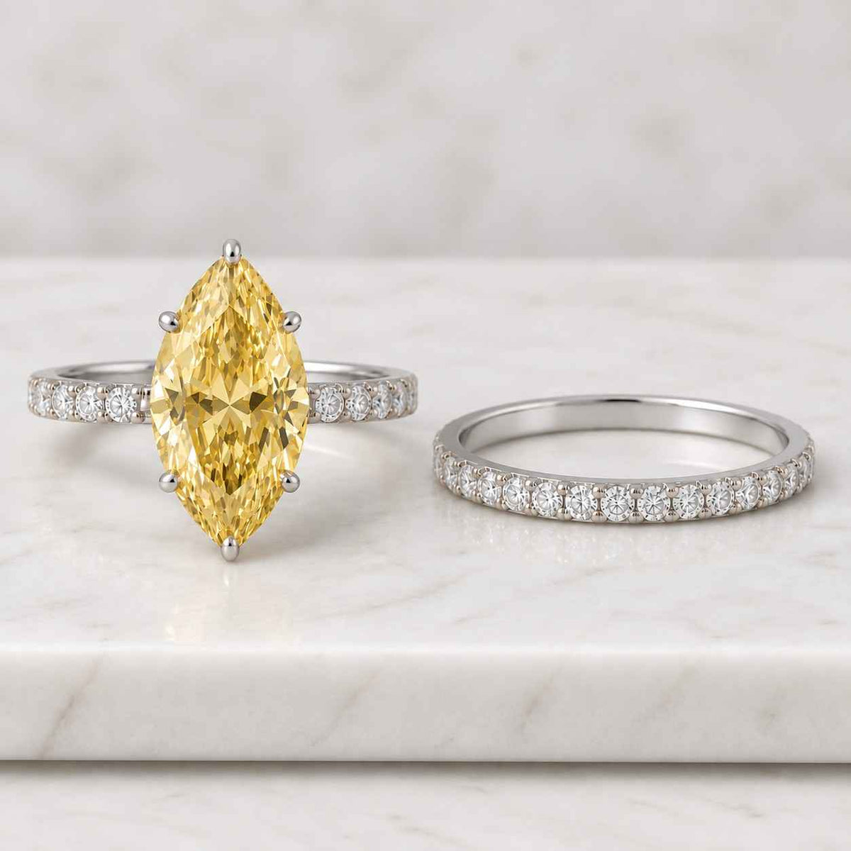 solid gold hidden halo marquise cut moissanite engagement ring set, bridal set, full eternity wedding band
