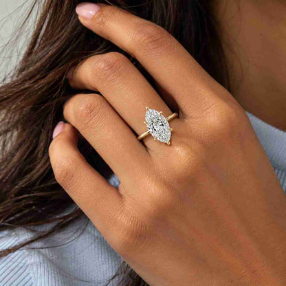 Solid Gold Hidden Halo Marquise Cut Moissanite Engagement Ring Tulip Set, Cathedral Ring