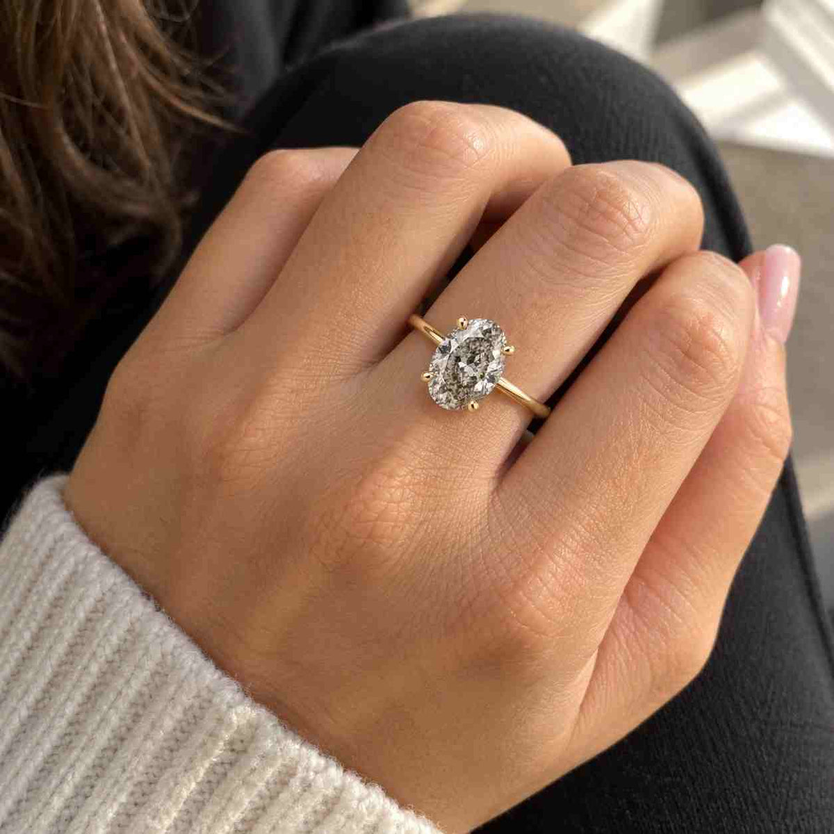 Solid Gold Hidden Halo Oval Cut Champagne Moissanite Engagement Ring Star Engraved Band