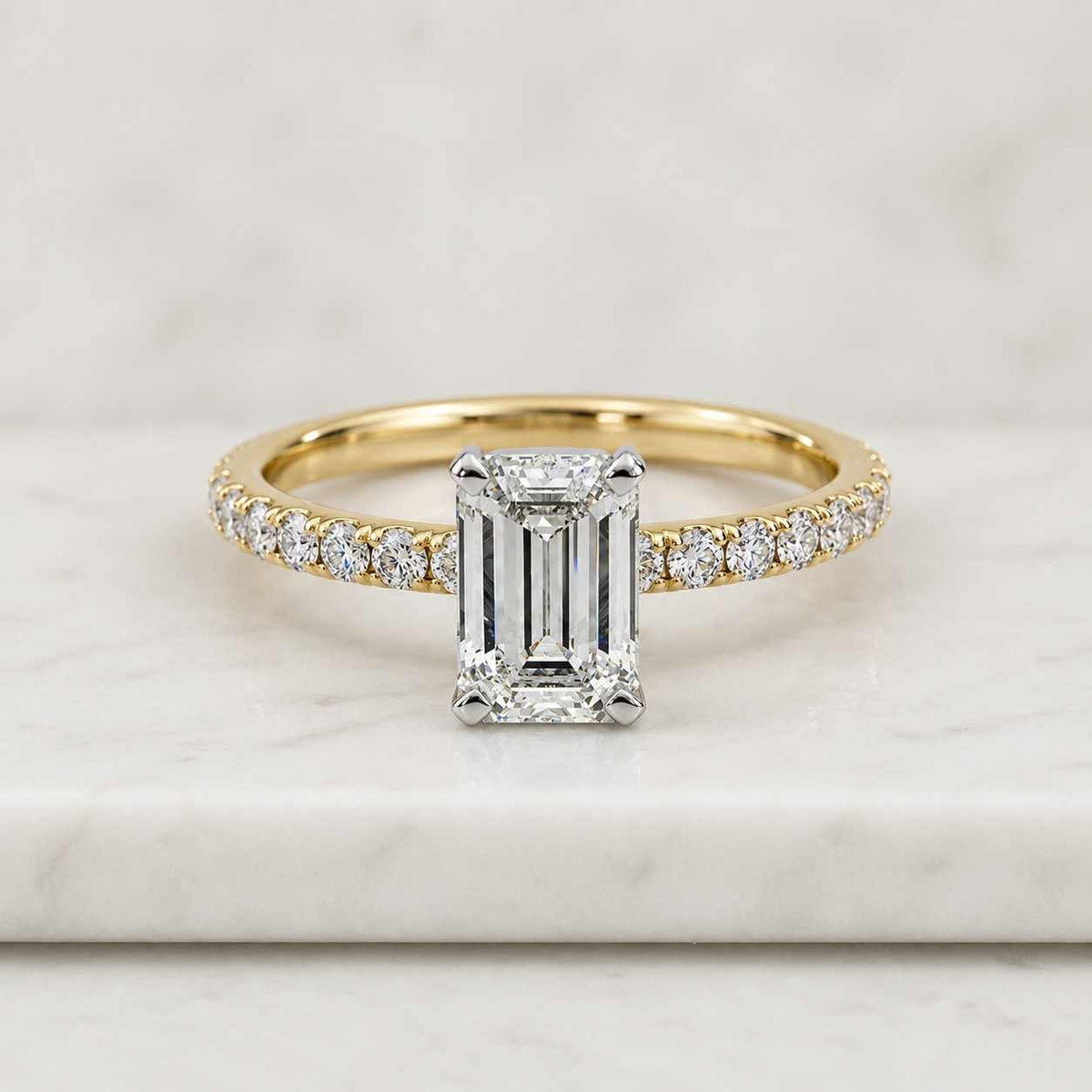 Solid Gold Hidden Halo Pave Half Eternity Emerald Cut Moissanite Engagement Ring, Anniversary Ring
