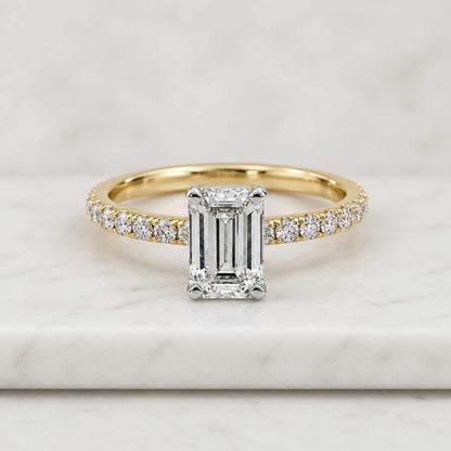 Solid Gold Hidden Halo Pave Half Eternity Emerald Cut Moissanite Engagement Ring, Anniversary Ring
