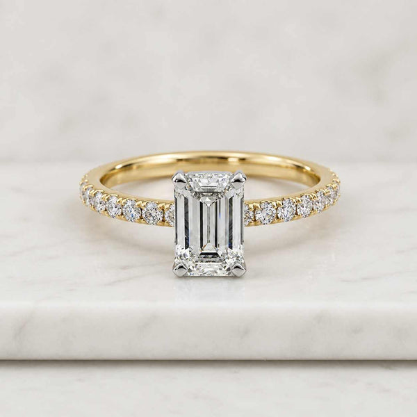 Solid Gold Hidden Halo Pave Half Eternity Emerald Cut Moissanite Engagement Ring, Anniversary Ring
