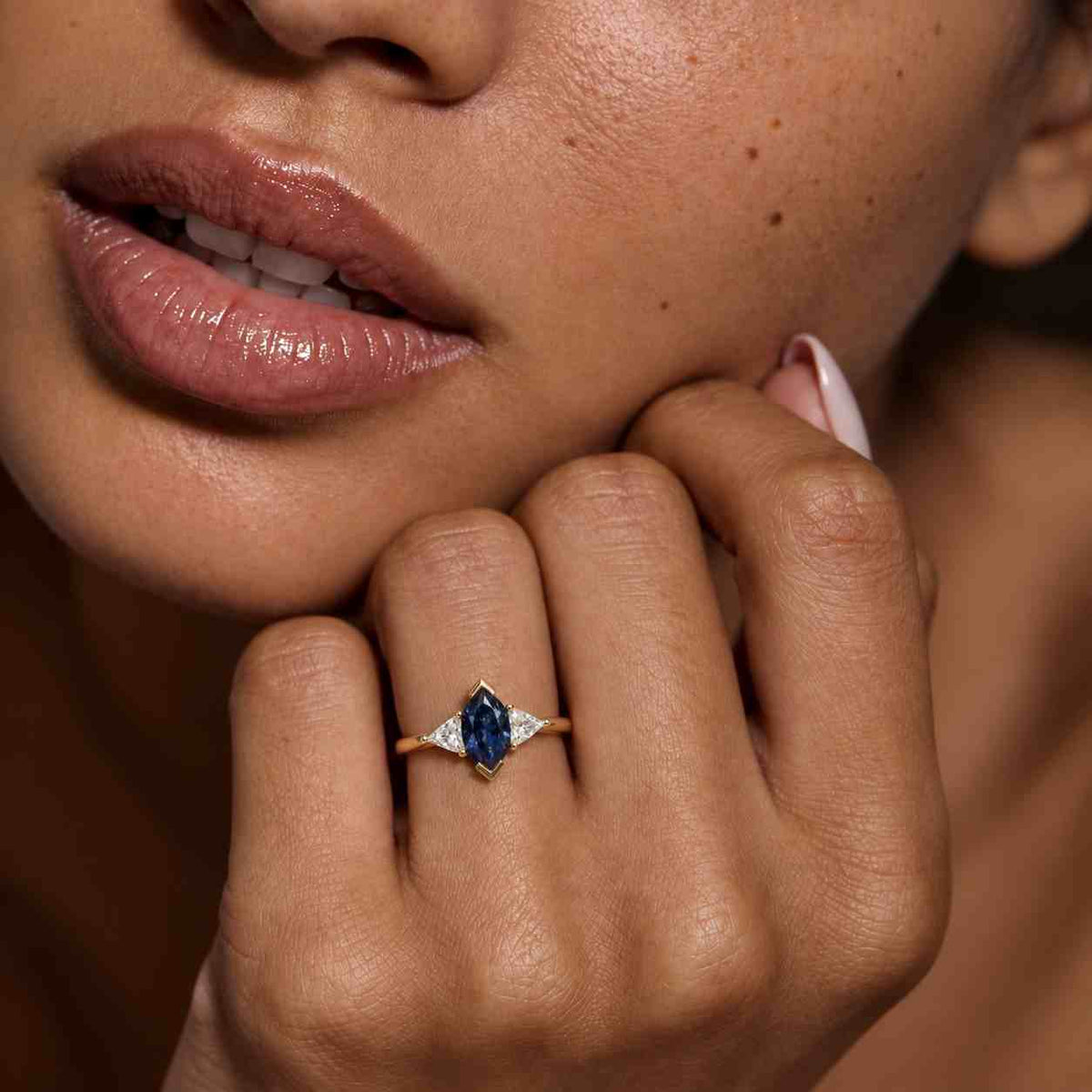 Solid Gold Marquise Cut Blue Sapphire Engagement Ring, Cathedral Ring
