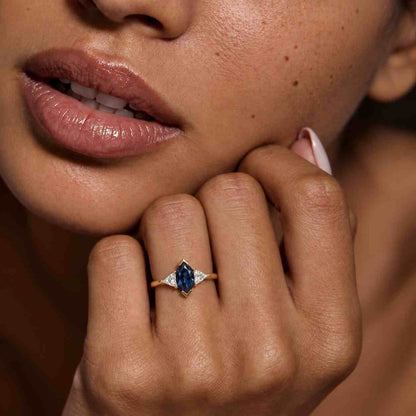 Solid Gold Marquise Cut Blue Sapphire Engagement Ring, Cathedral Ring
