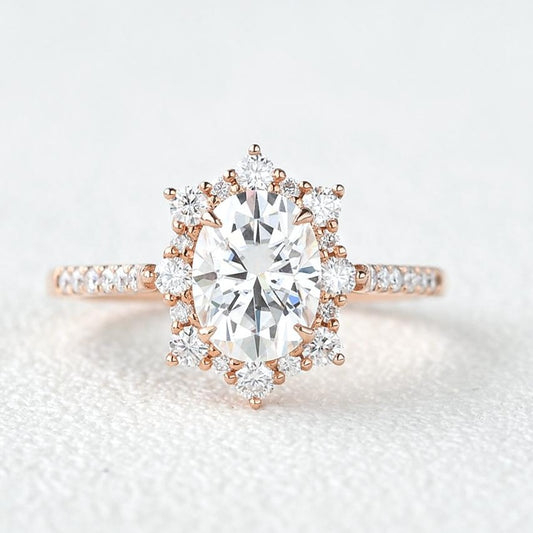 Solid Gold Oval Cut Cluster Moissanite Engagement Ring