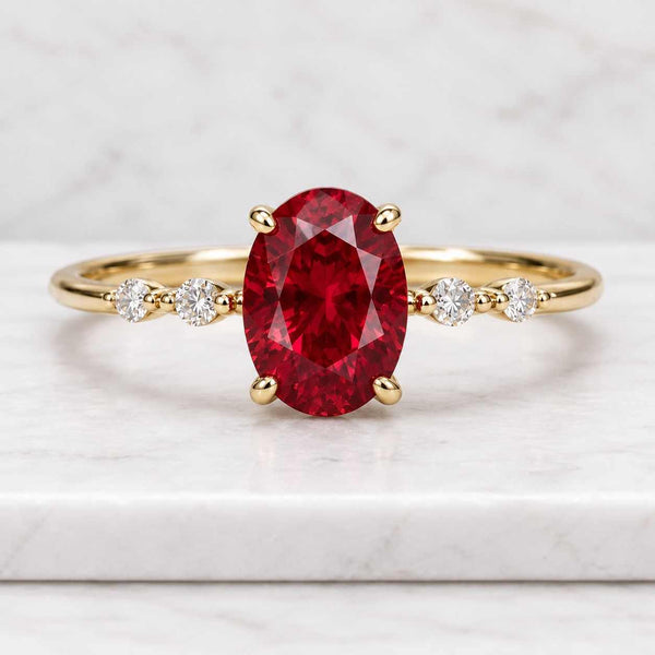 Solid Gold Oval Cut Lab-Grown Ruby Engagement Ring, July Birthstone Halo Art Deco Ring
