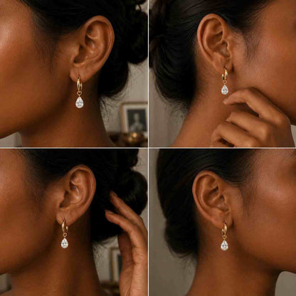 Solid Gold Pear Cut Lab Grown Diamond Drop Earrings, Minimalist Dainty Hook Jewelry
