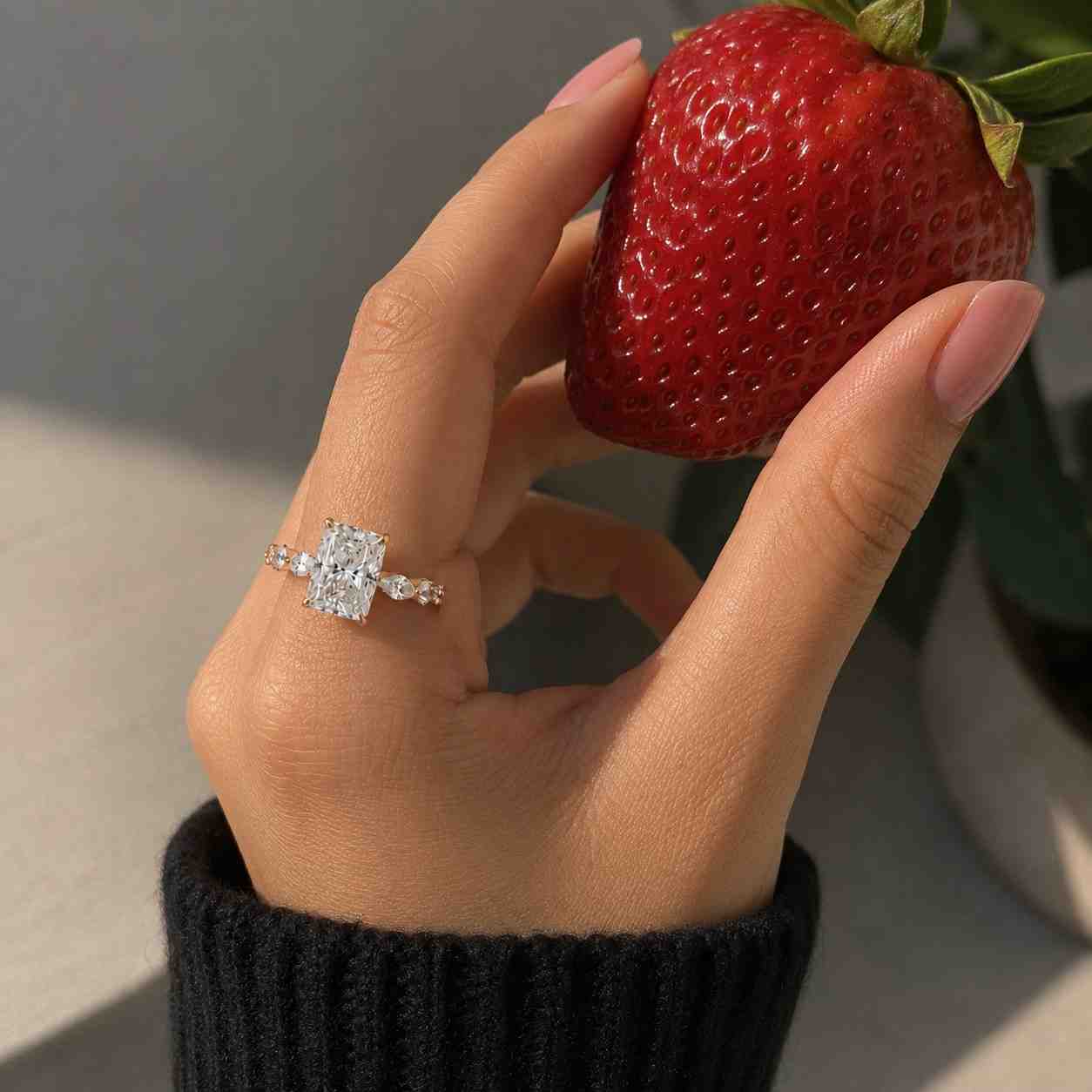 Solid Gold Radiant Moissanite Engagement Ring, Half Pave & Hidden Halo Promise Ring, RS-DRA-008