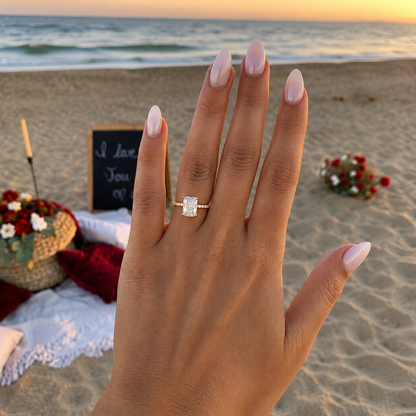 Solid Gold Radiant Moissanite Engagement Ring, Half Pave & Hidden Halo Promise Ring, RS-DRA-008