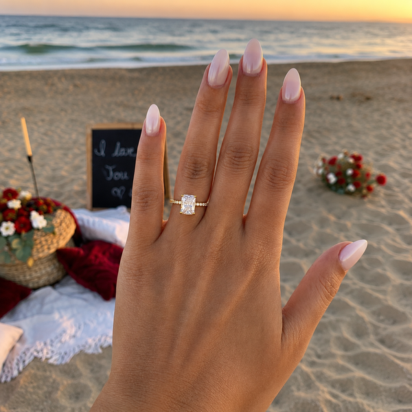 Solid Gold Radiant Moissanite Engagement Ring, Half Pave & Hidden Halo Promise Ring, RS-DRA-008
