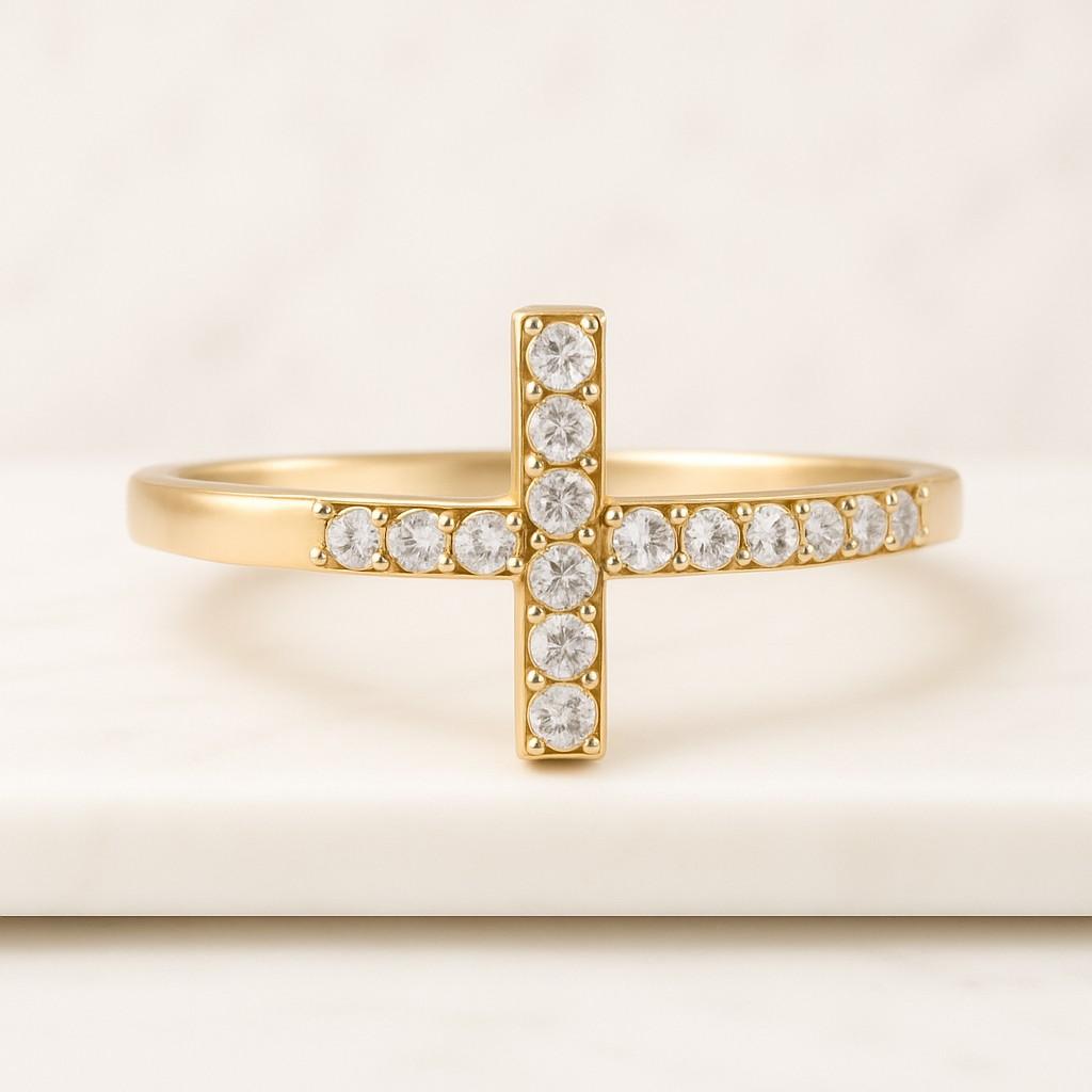 Solid Gold Ring Round Diamond T Shape Ring For Her Anniversary Ring