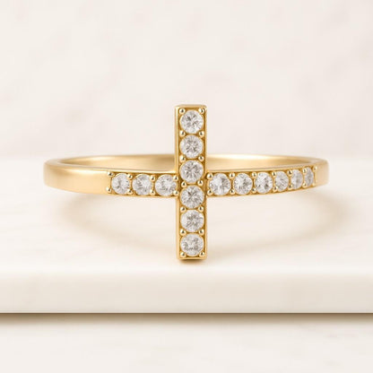 Solid Gold Ring Round Diamond T Shape Ring For Her Anniversary Ring
