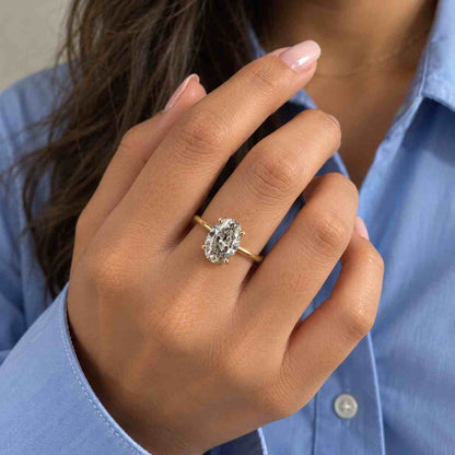 Solid Gold Rose Cut Oval Moissanite Engagement Ring Bezel Ring, Solitaire Ring, Cathedral Ring