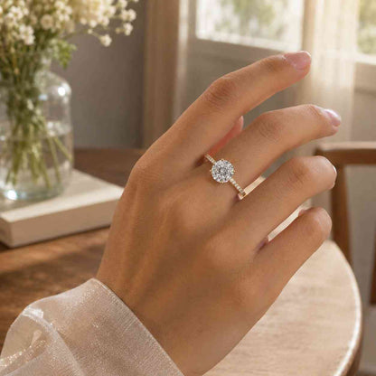 Solid Gold Round Cut Moissanite Engagement Ring, Half Pave & Hidden Halo Solitaire Ring, RS-0804-A1-G