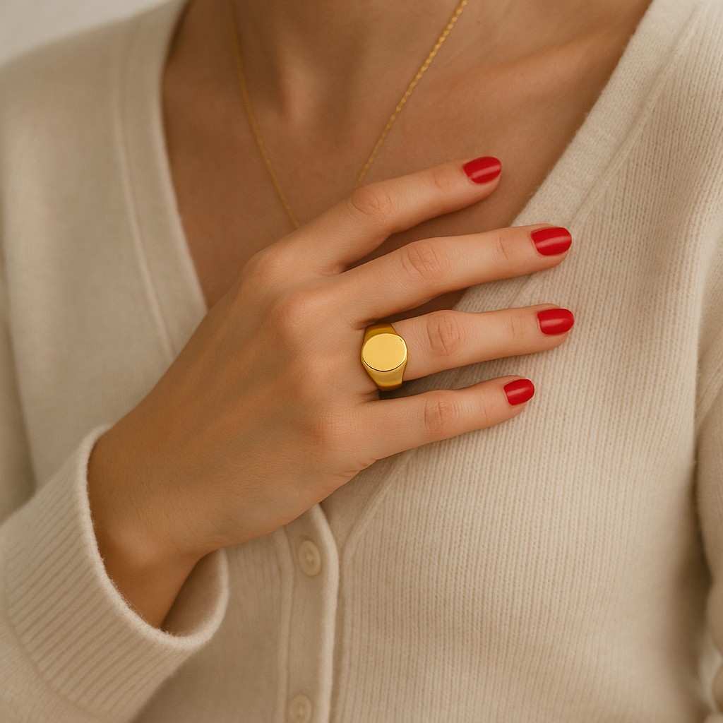 Solid Gold Signet Ring For Women Dainty Pinky Ring Personalized Engraved Stacking Band Minimal Gold Jewelry