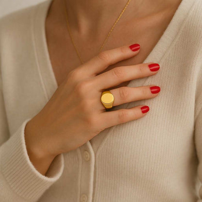 Solid Gold Signet Ring For Women Dainty Pinky Ring Personalized Engraved Stacking Band Minimal Gold Jewelry