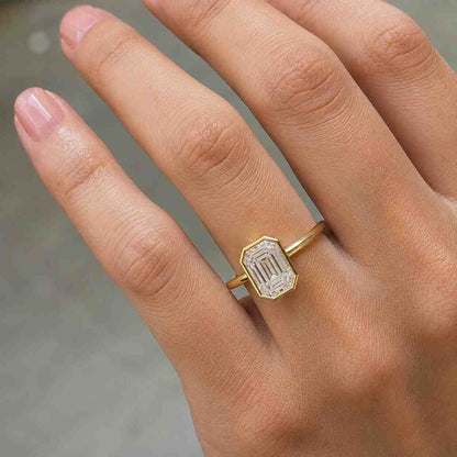 Solid Gold Solitaire Emerald Cut Moissanite Engagement Ring Bezel Ring, Cathedral Proposal Ring