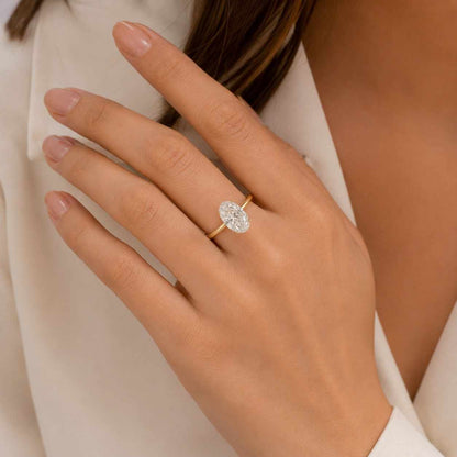 Solid Gold Solitaire Oval Cut Moissanite Engagement Ring 4 Prongs Cathedral Set