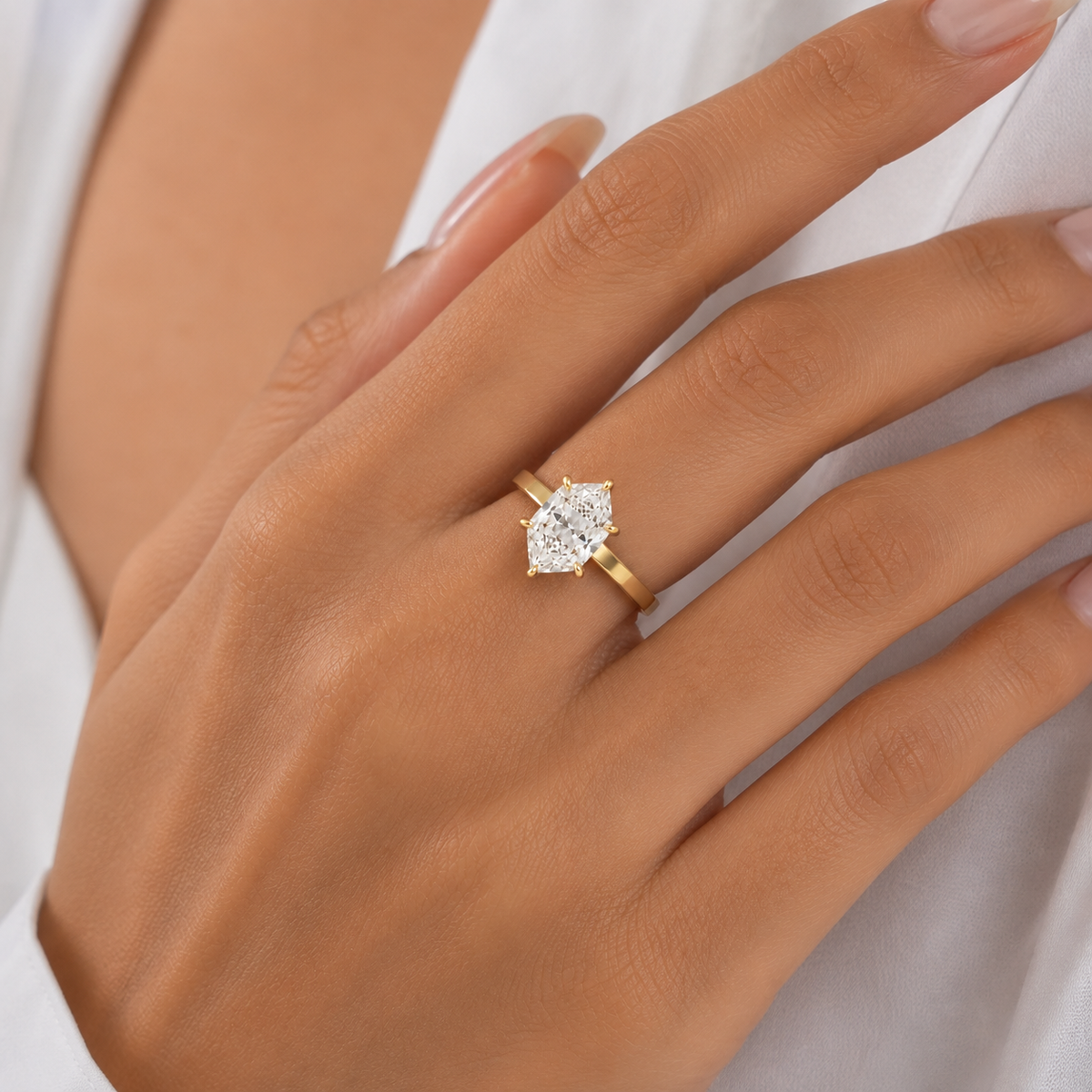 Solid Gold Solitaire Oval Cut Moissanite Engagement Ring 4 Prongs Cathedral Set
