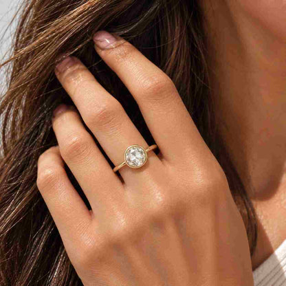 Solid Gold Solitaire Round Cut Moissanite Engagement Ring Bezel Set, Cathedral Ring