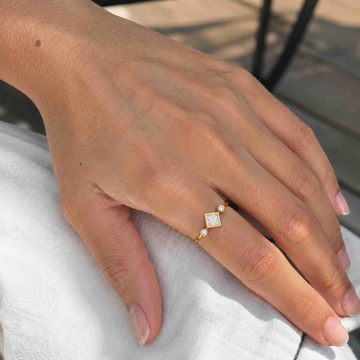 Solid Gold Three Stone Princess Cut Moissanite Engagement Ring, Wedding Ring