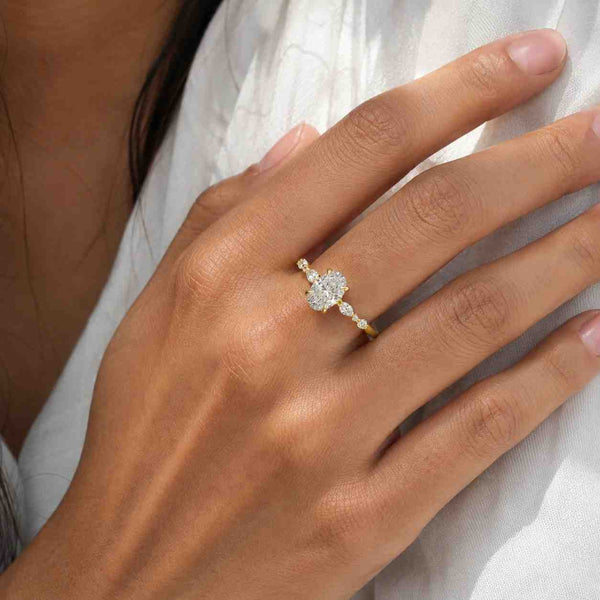 Solid Gold Tulip Set Oval Cut Moissanite Engagement Ring, Side Cluster Wedding Ring