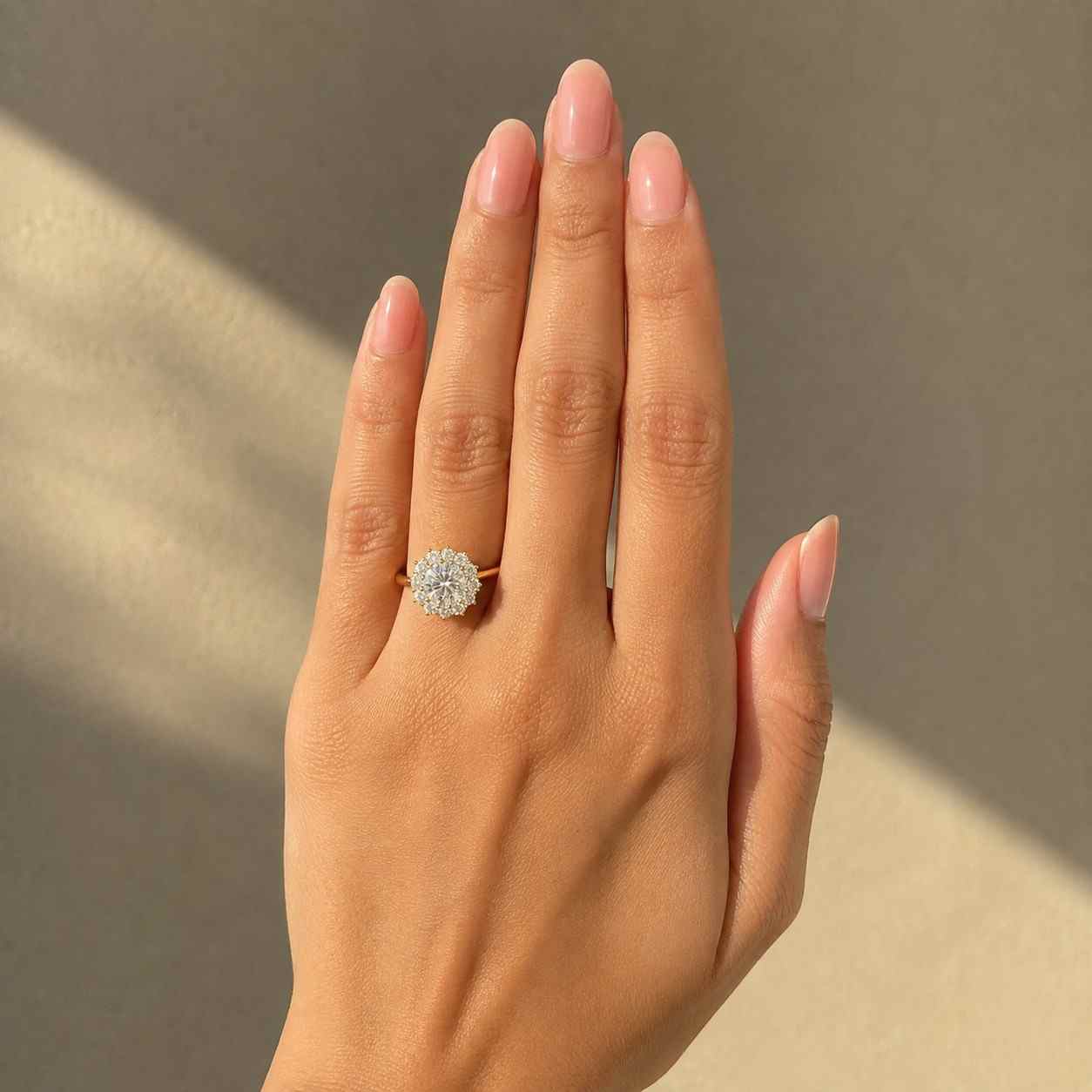 solid gold two tone old european round cut moissanite engagement ring hidden halo
