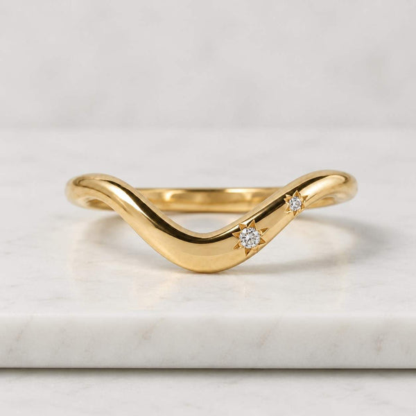 14k Solid Gold Wave Ring, Lab Grown Diamond Nesting Curved Wedding Band
