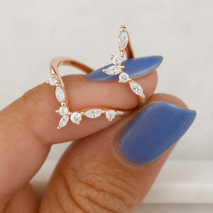 Solid White Yellow Rose Gold Ring Stackable Band Engagement Ring Gift Marquise & Round Diamond Ring Unique Alternative Diamond Wedding Ring