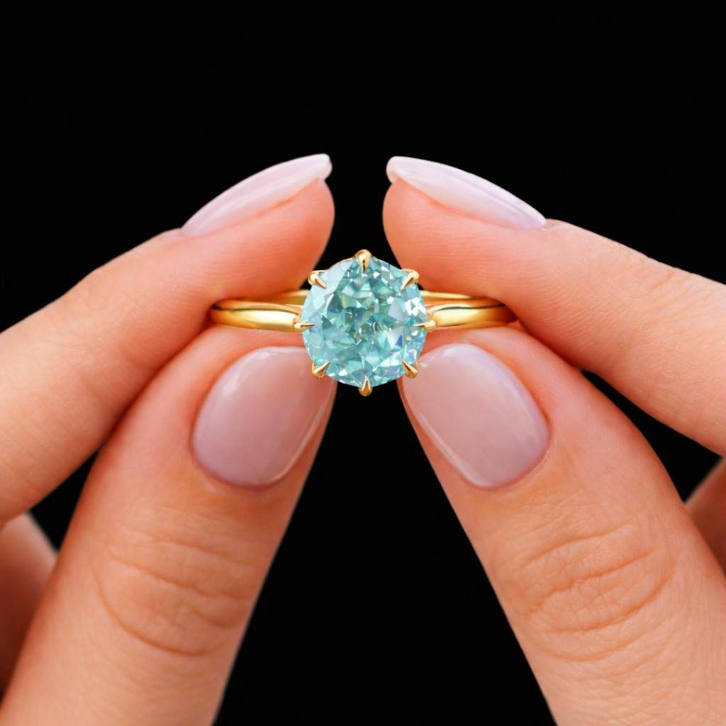 Green Blue Moissanite Engagement Ring, Round Cut Solitaire Ring, Teal Moissanite Ring 18K Gold, Colored Stone Ring, Minimalist Promise Ring
