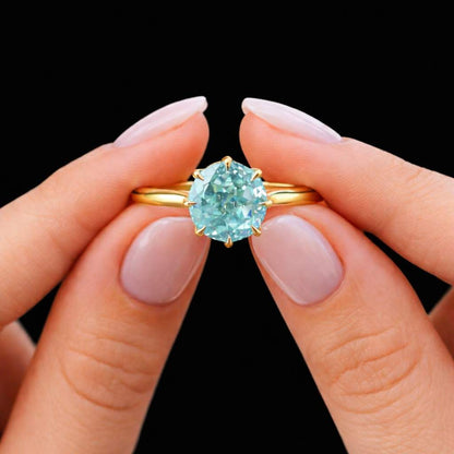 Green Blue Moissanite Engagement Ring, Round Cut Solitaire Ring, Teal Moissanite Ring 18K Gold, Colored Stone Ring, Minimalist Promise Ring
